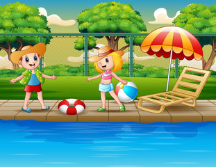 Obraz na płótnie Canvas Cartoon happy children playing by the pool
