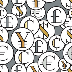 Various foreign currencies seamless vector pattern. Symbols of main world currencies - dollar, euro, pound and yen. Money exchange pattern.