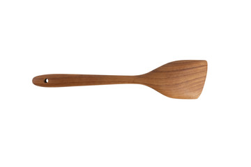 Wooden spatula and ladle on white background.
