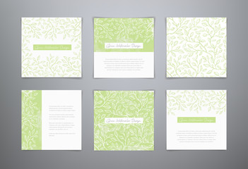 Set vector green watercolor templates. Frame with tea leaves. Vector Seamless leaves background. Watercolor design for flyer, brochure, gift card, wrapping paper
