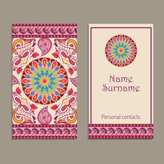 Set of vector business card templates with ethnic indian kalamkari ornament. Floral paisley decorative pattern