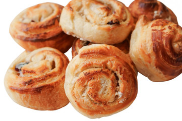 Fresh round pastries. Sweet rolls with cottage cheese.