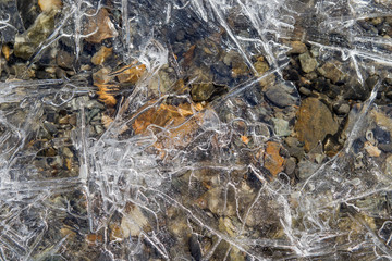 Frozen mountain stream close up