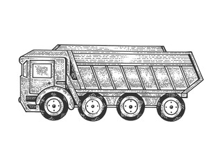 Dump truck lorry machine sketch engraving vector illustration. Scratch board style imitation. Black and white hand drawn image. © Oleksandr Pokusai