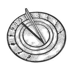 Sundial watch sketch engraving vector illustration. Scratch board style imitation. Black and white hand drawn image. - obrazy, fototapety, plakaty