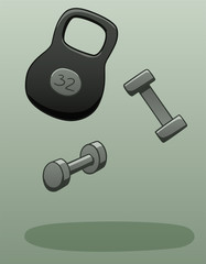 Gray dumbbells and kettlebell levitate in the air. Kettlebell weighs 32 kilograms. There is shadow below them on the ground. Gray background, vector.