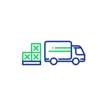 Transportation truck, delivery services, logistics, pallet boxes line icon