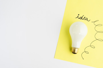Idea text written on adhesive note with light bulb over white background