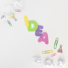 Colorful idea text letter and paper clip with crumpled paper