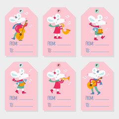 Set of six vector holiday Christmas tags with cartoon characters stock illustration.