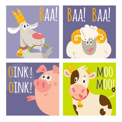 Vector set of cute cartoon farm animals: cow, goat, pig, sheep. What do the animals say. Educational children's game