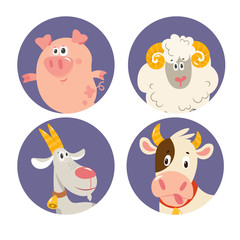 Vector set of cute cartoon farm animals: cow, goat, pig, sheep. Educational children's game, sticker, poster, card.