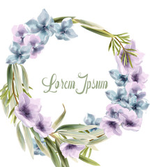 Purple floral wreath Vector watercolor. Provence rustic poster. Wedding card, birthday ceremony event decors