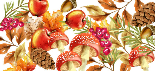 Autumn harvest pattern Vector. Fall muchrooms and fruits decor posters