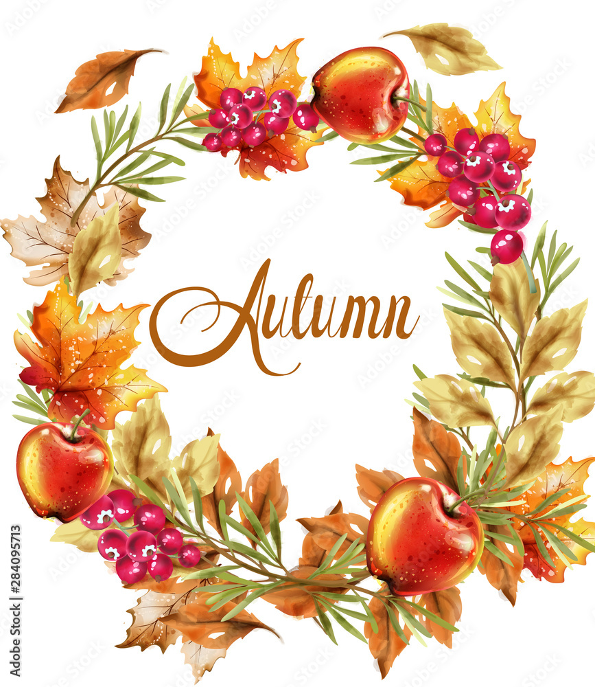 Wall mural autumn harvest wreath card vector. fall muchrooms and fruits decor posters