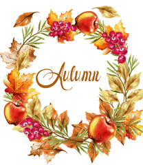 Autumn harvest wreath card Vector. Fall muchrooms and fruits decor posters