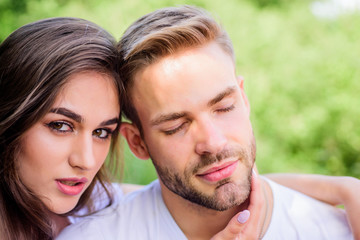 Fototapeta premium Sexual attraction. Relaxing with darling. Lovers cuddling. Couple in love. Trust and intimacy. Sensual hug. Love romance concept. Romantic date. Handsome man pretty girl in love. Attractive couple