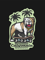 Bulldog on a skateboard on the background of silhouettes of palm trees. Vector illustration.