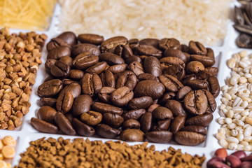 Roasted coffee beans. Groceries. Limited depth of field.