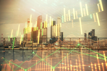 Plakat Forex graph hologram with city view from roof background. Double exposure. Financial analysis concept.