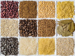 Grocery set: barley grits, vermicelli, rice, sunflower seeds, bay leafs, buckwheat, roasted coffee beans, pearl barley, figured macaroni, dried peas, freeze-dried instant coffee, dried beans.