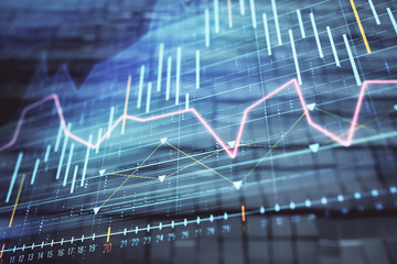 Financial chart hologram with abstract background. Double exposure. Concept of market analysis