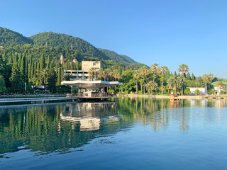 Fototapeta na wymiar New Athos, Abkhazia, the bank of the pond in summer
