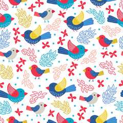 Christmas seamless pattern with birds, leaves, flowers and snowflakes