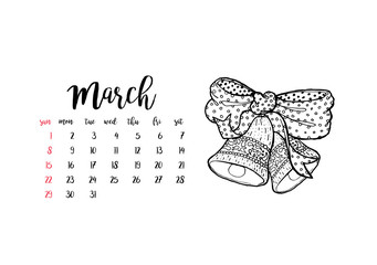 Monthly desk calendar horizontal template 2020 for month March. Week starts Sunday