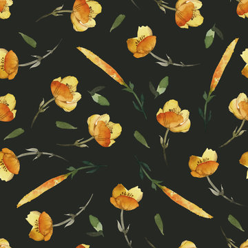 Seamless pattern of yellow, flowers on black background. © Kateryna
