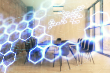 Double exposure of technlogy theme abstract hologram on conference room background. Concept of hightech