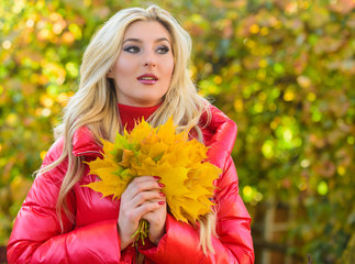 Naklejka na ściany i meble Autumnal bouquet concept. Woman spend pleasant time in autumnal park. Girl blonde makeup dreamy face hold bunch fallen maple yellow leaves. Lady posing with leaves autumnal nature background