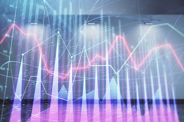Double exposure of financial graph on empty room interior background. Forex market concept.