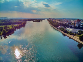 UST-KAMENOGORSK, KAZAKHSTAN (QAZAQSTAN) - August 09, 2019: Beautiful panoramic aerial drone view to...