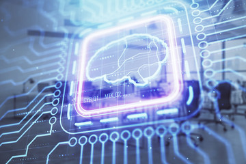 Human brain drawing with office interior on background. Double exposure. Concept of innovation.