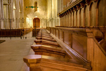 Church pews in monastery in Prolet, Spain