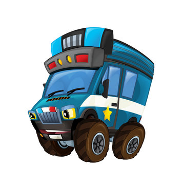 recommend clip art: cartoon happy and funny off road police car looking like monster truck smiling vehicle illustration for children