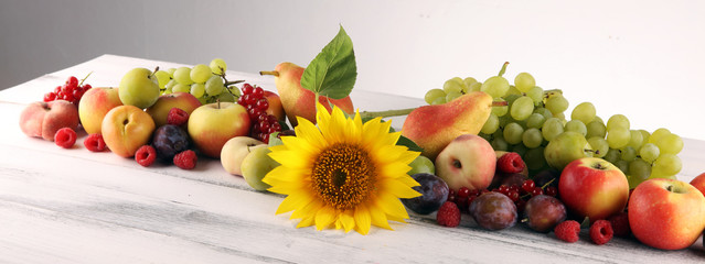 Fototapeta na wymiar Autumn nature concept. Fall fruit with grapes, plums and sunflower on wood. Thanksgiving dinner