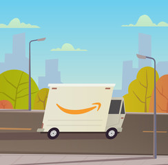 Delivery truck with city landscape.