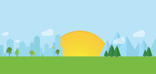 Fototapeta premium City, trees, mountains, spruce, grass, sun. Natural and urban background.