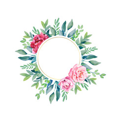 Watercolor hand painted botanical peonies, roses and leaves illustration circle template isolated on white background