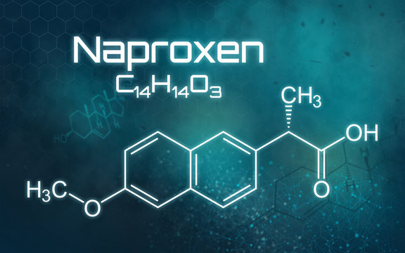 Chemical formula of Naproxen on a futuristic background