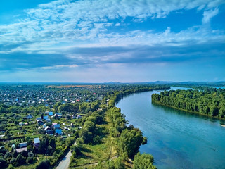 Beautiful panoramic aerial drone view to the confluence of the rivers Irtysh and Ulba in UST-KAMENOGORSK (Oskemen), QAZAQSTAN