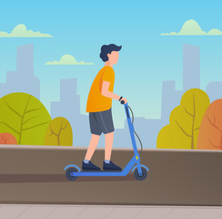 Young man riding electric scooter.