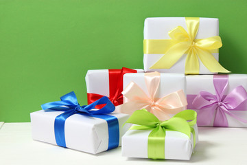 gifts on a colored background. Holiday, giving presents, birthday.