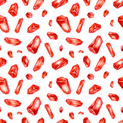 Watercolor red crystals. Seamless pattern on white