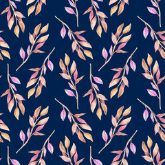 Water-colour hand painted botanical leaves and branches illustration seamless pattern, wallpaper, wrapping paper.