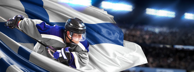Finland Hockey Player in action around national flags