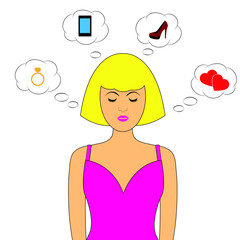 woman icon. a beautiful woman thinking about love, wedding, ring, phone. fashion.  girl retro style. 