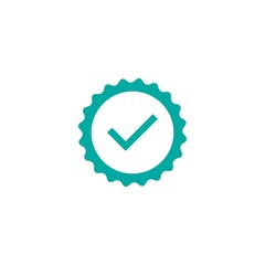 Valid check Seal icon. Blue circle with ribbon outline and blue tick. Flat OK sticker icon.
